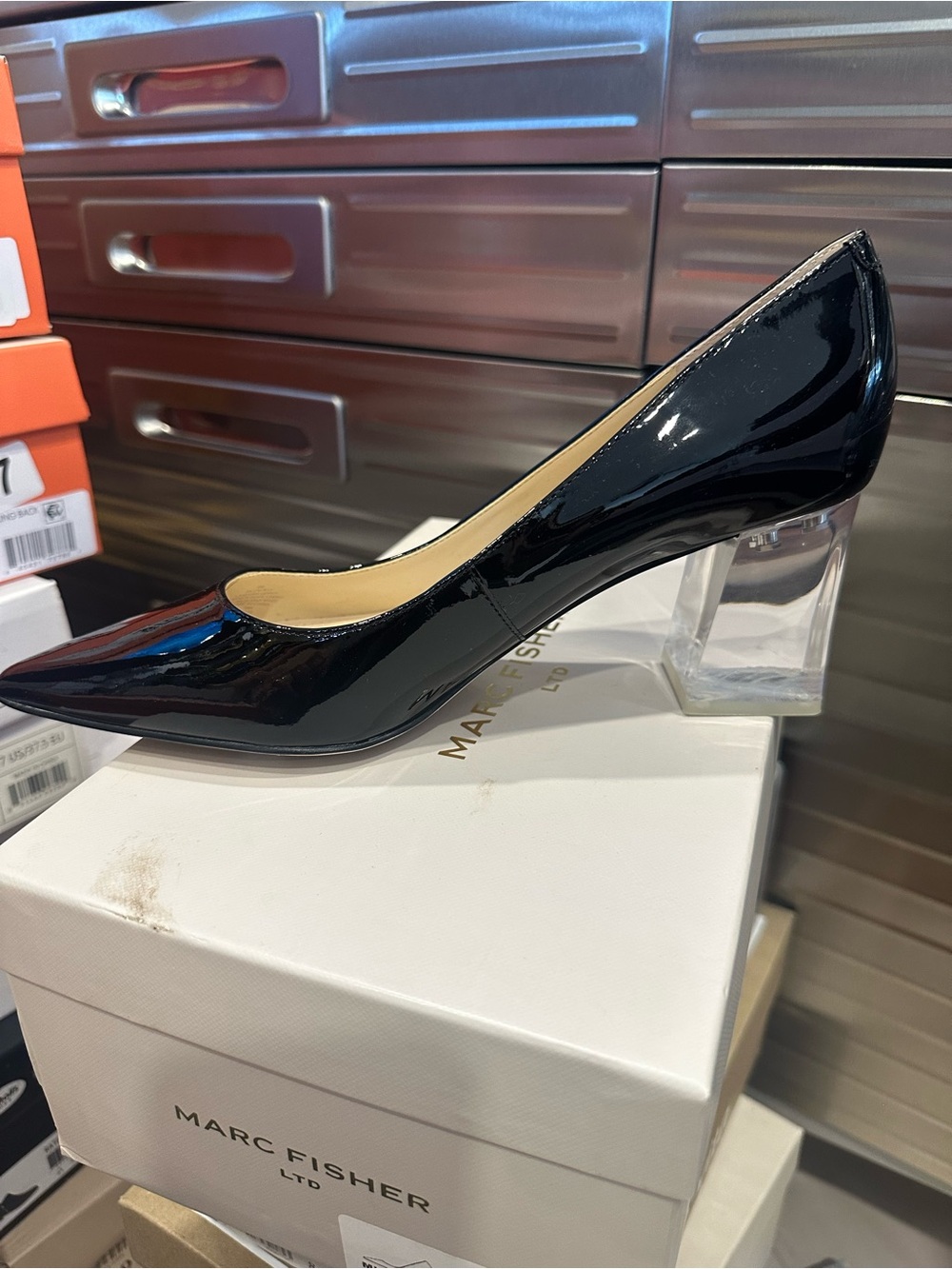 Marc Fisher Patent Pointed Toe Pumps with Clear Lucite Block Heel